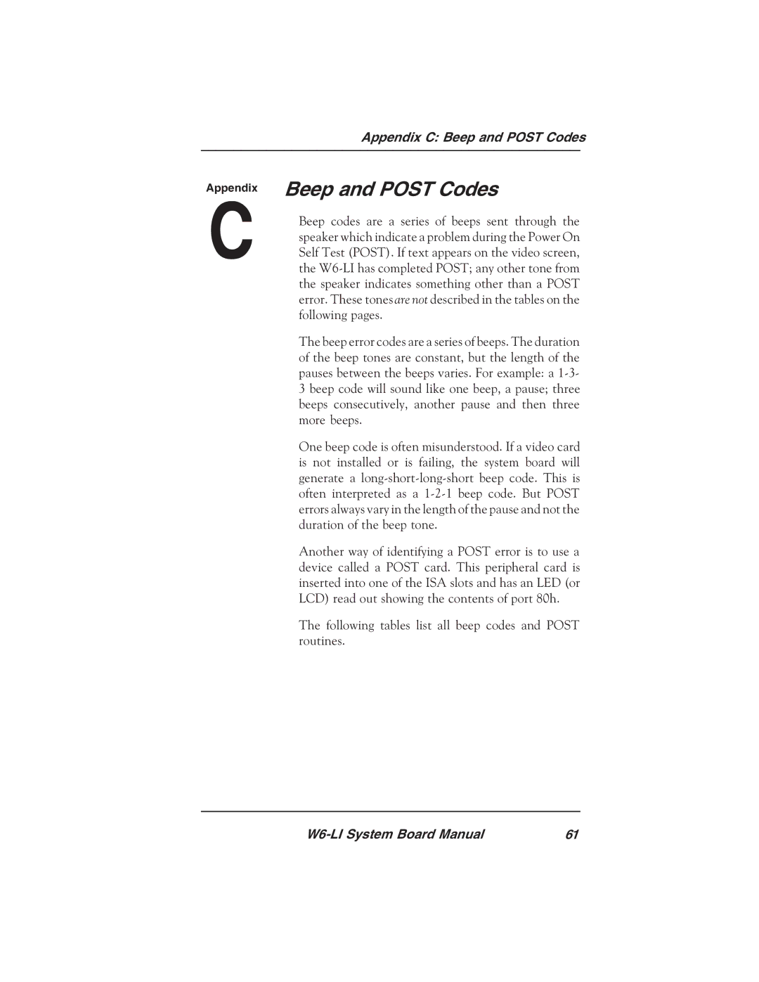 Micronics W6-LI manual Beep and Post Codes 