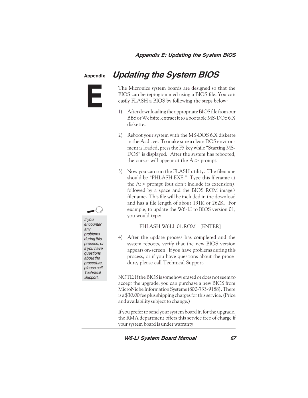 Micronics W6-LI manual Appendix E Updating the System Bios 