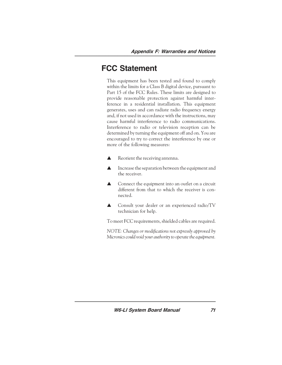 Micronics W6-LI manual FCC Statement 