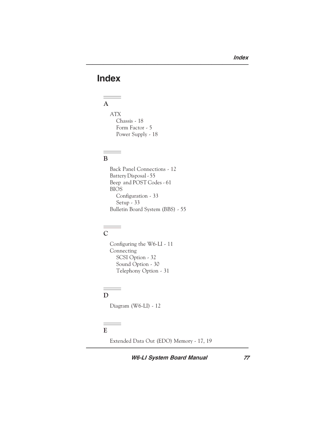 Micronics W6-LI manual Index, Atx 