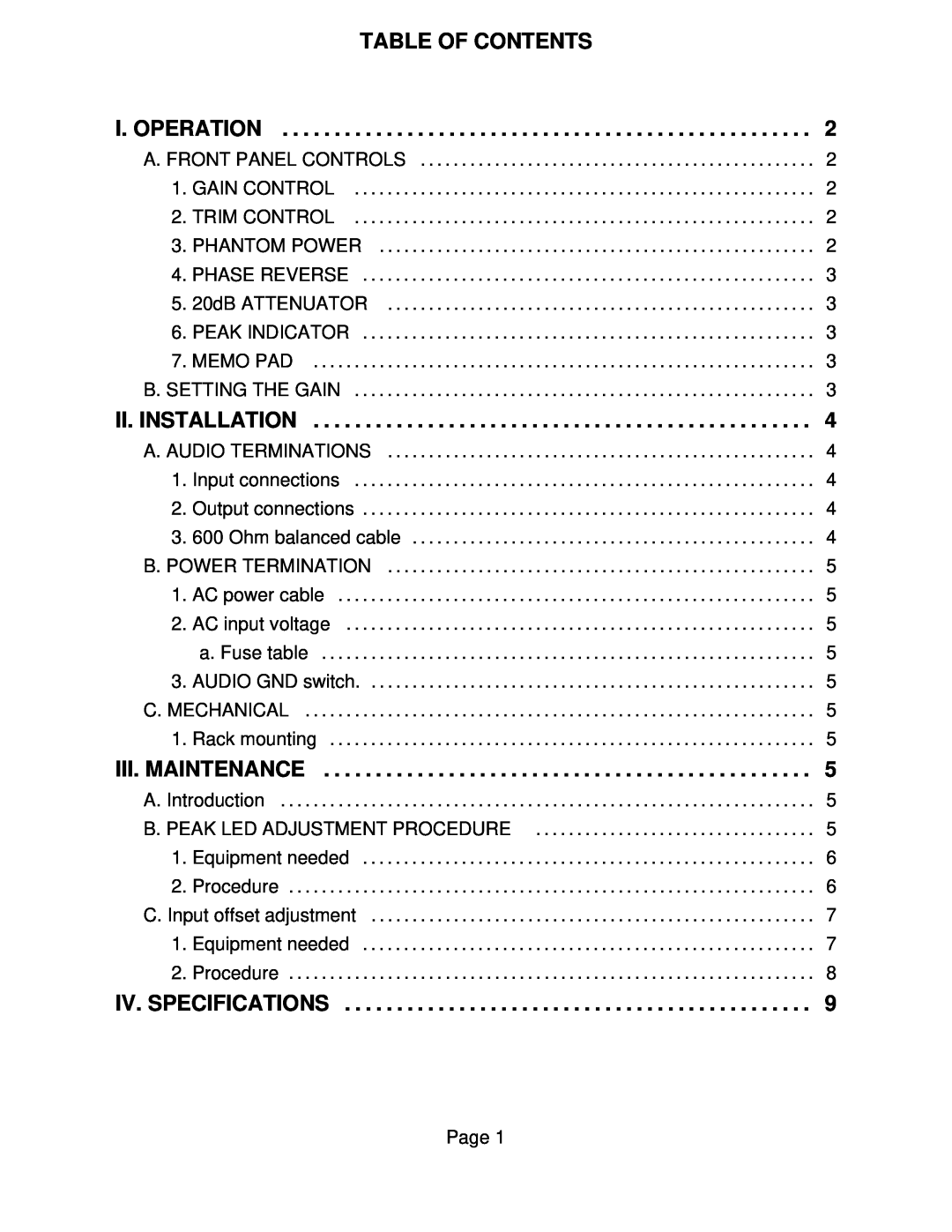 Microplane 201 owner manual Table Of Contents, I. Operation, Ii. Installation, Iii. Maintenance, Iv. Specifications 