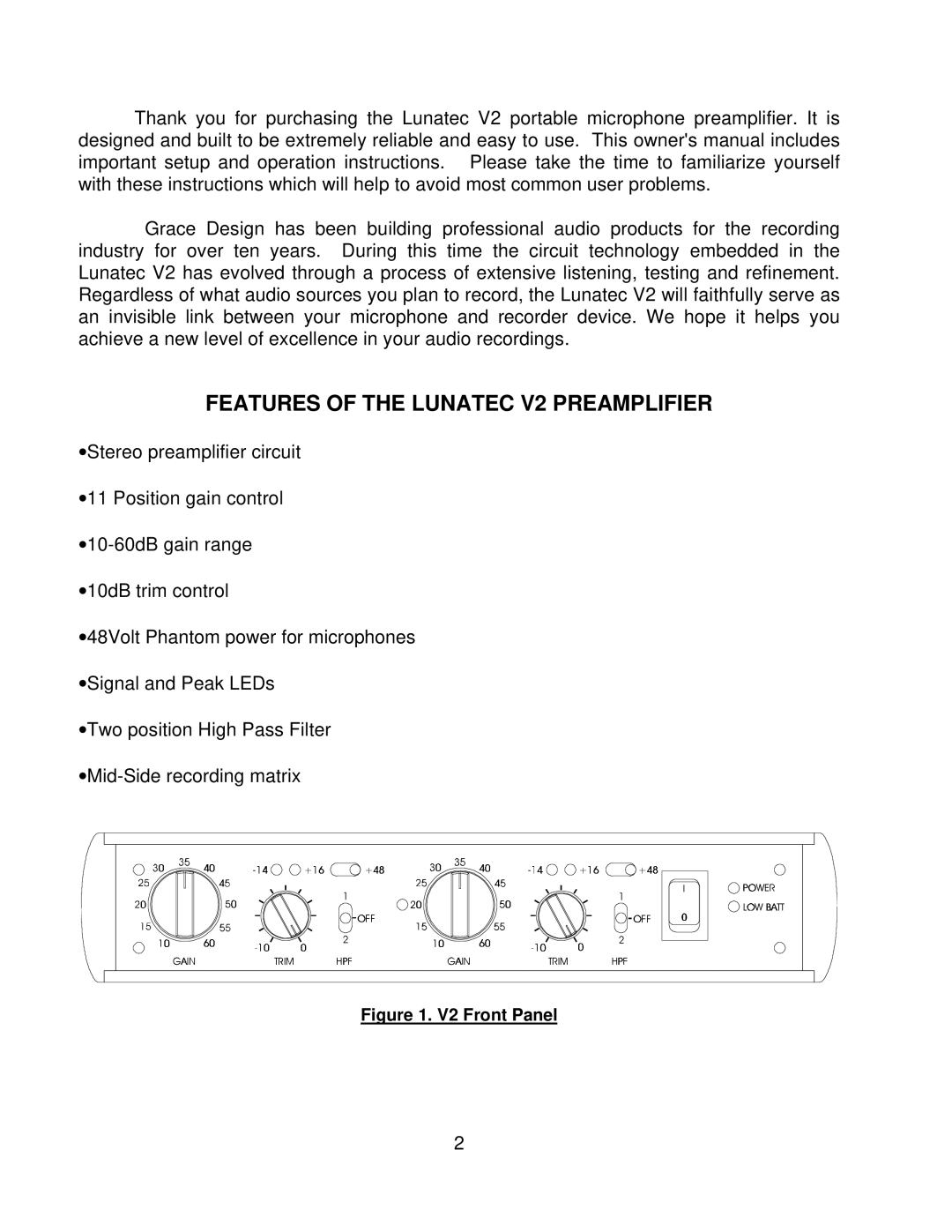 Microplane LUNATEC V2 owner manual Features of the Lunatec V2 Preamplifier, V2 Front Panel 