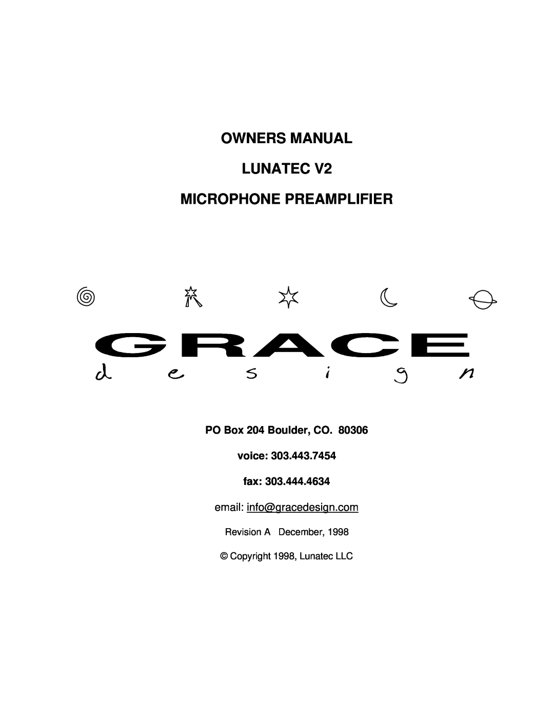 Microplane LUNATEC V2 owner manual PO Box 204 Boulder, CO. voice fax, Revision A December, Copyright 1998, Lunatec LLC 
