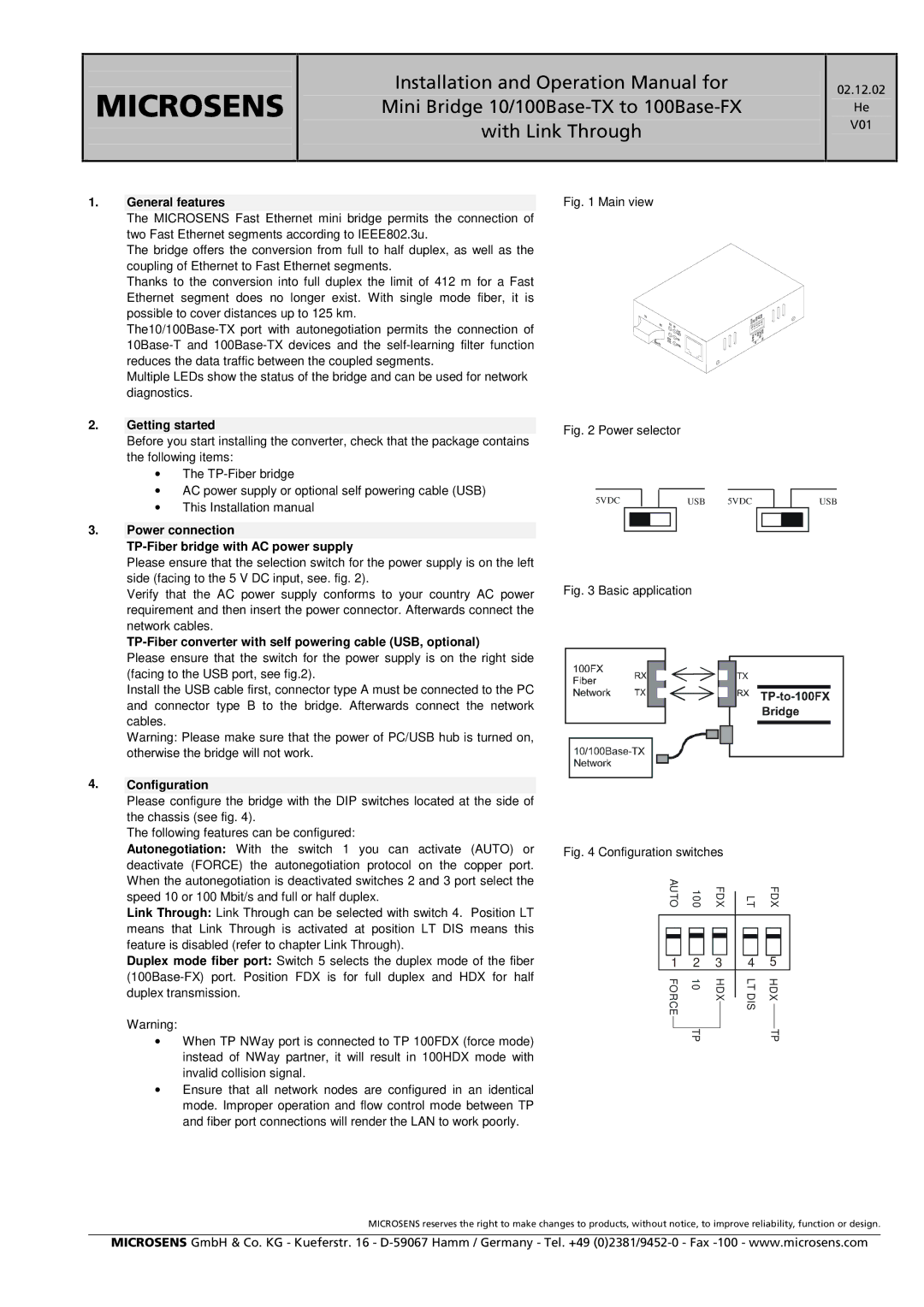 Microsens 10/100Base-TX to 100Base-FX manual General features, Getting started, Configuration 