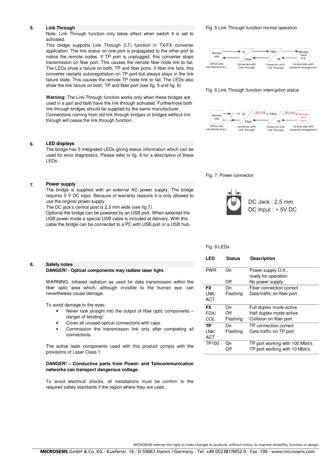 Microsens 10/100Base-TX to 100Base-FX manual Link Through, LED displays, Power supply, Safety notes, Status Description 