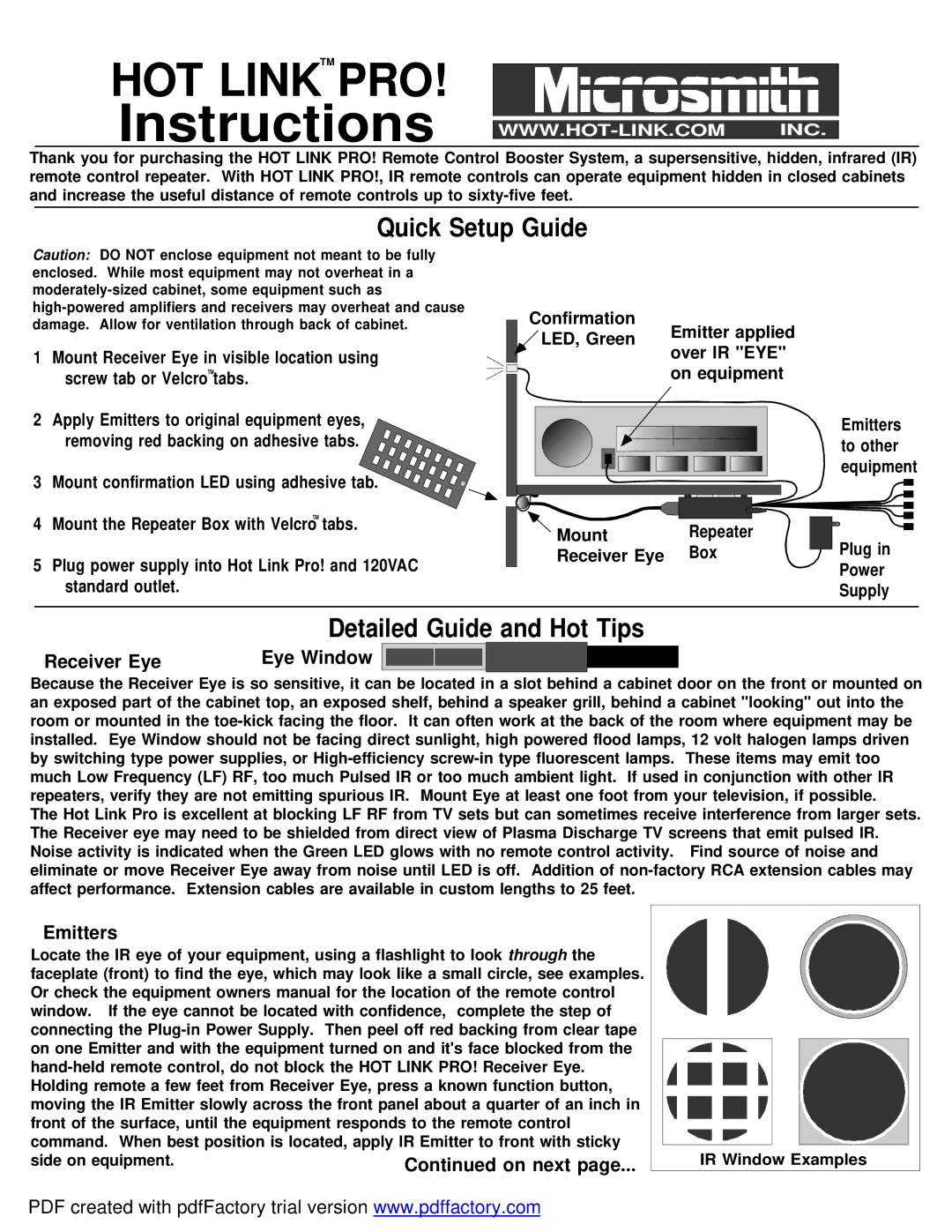 Microsmith EXPX6 setup guide Quick Setup Guide, Detailed Guide and Hot Tips, Receiver Eye Eye Window, Emitters, On next 