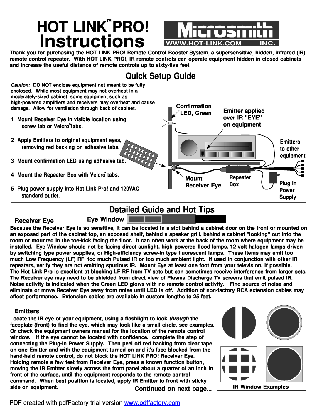Microsmith EXPX6 setup guide Receiver Eye, Eye Window, Emitters, Continued on next page, Instructions, Hot Linktm Pro 