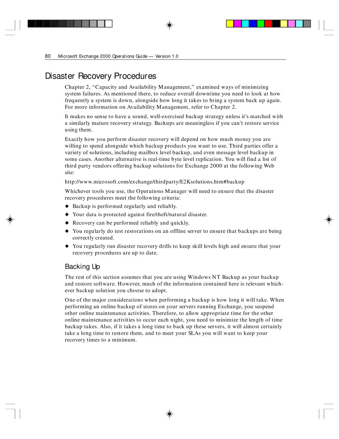 Microsoft 1 manual Disaster Recovery Procedures, Backing Up 