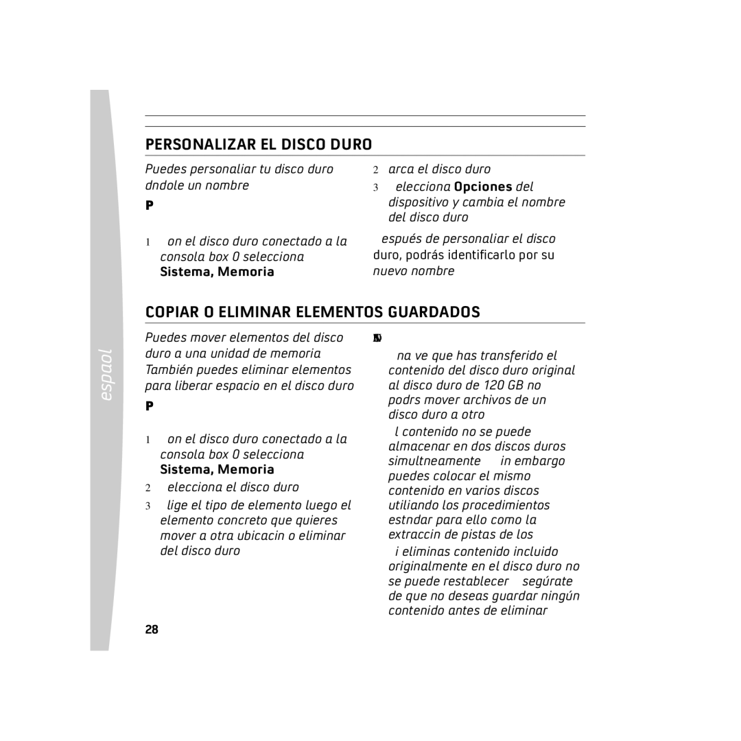 Microsoft X136898501mnl, 120 GB Hard Drive manual Personalizar EL Disco Duro, Copiar O Eliminar Elementos Guardados 