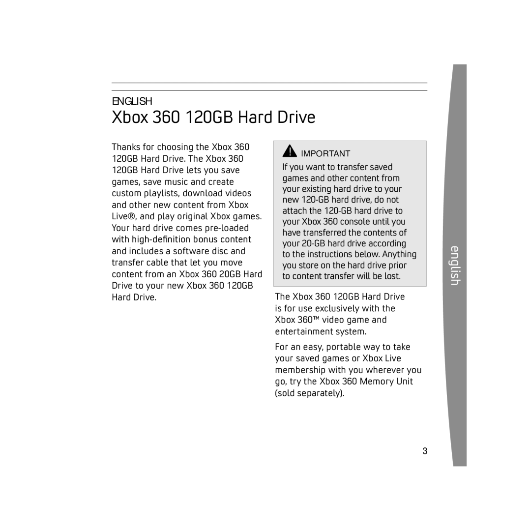 Microsoft 120 GB Hard Drive, X136898501mnl manual Xbox 360 120GB Hard drive 