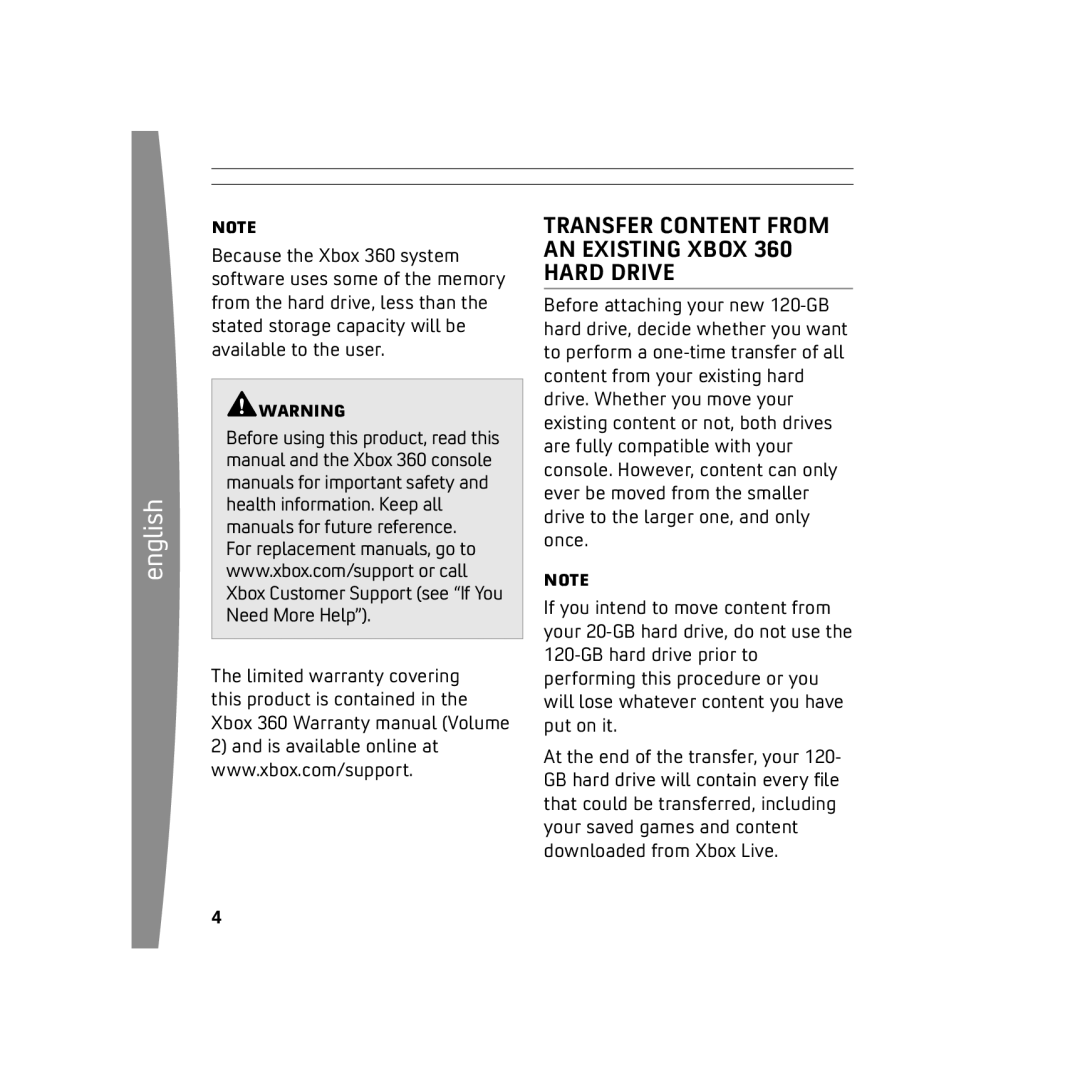 Microsoft X136898501mnl, 120 GB Hard Drive manual Transfer Content from AN Existing Xbox 360 Hard Drive 