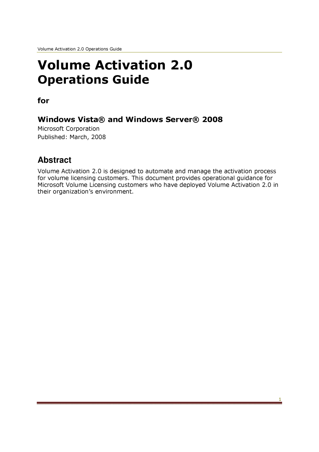 Microsoft 2 manual Volume Activation, For Windows Vista and Windows Server 