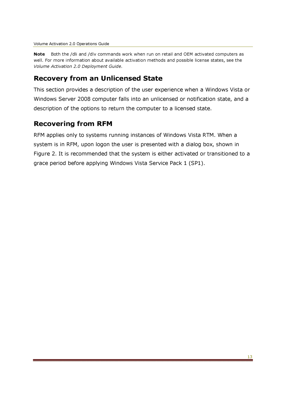 Microsoft 2 manual Recovery from an Unlicensed State, Recovering from RFM 