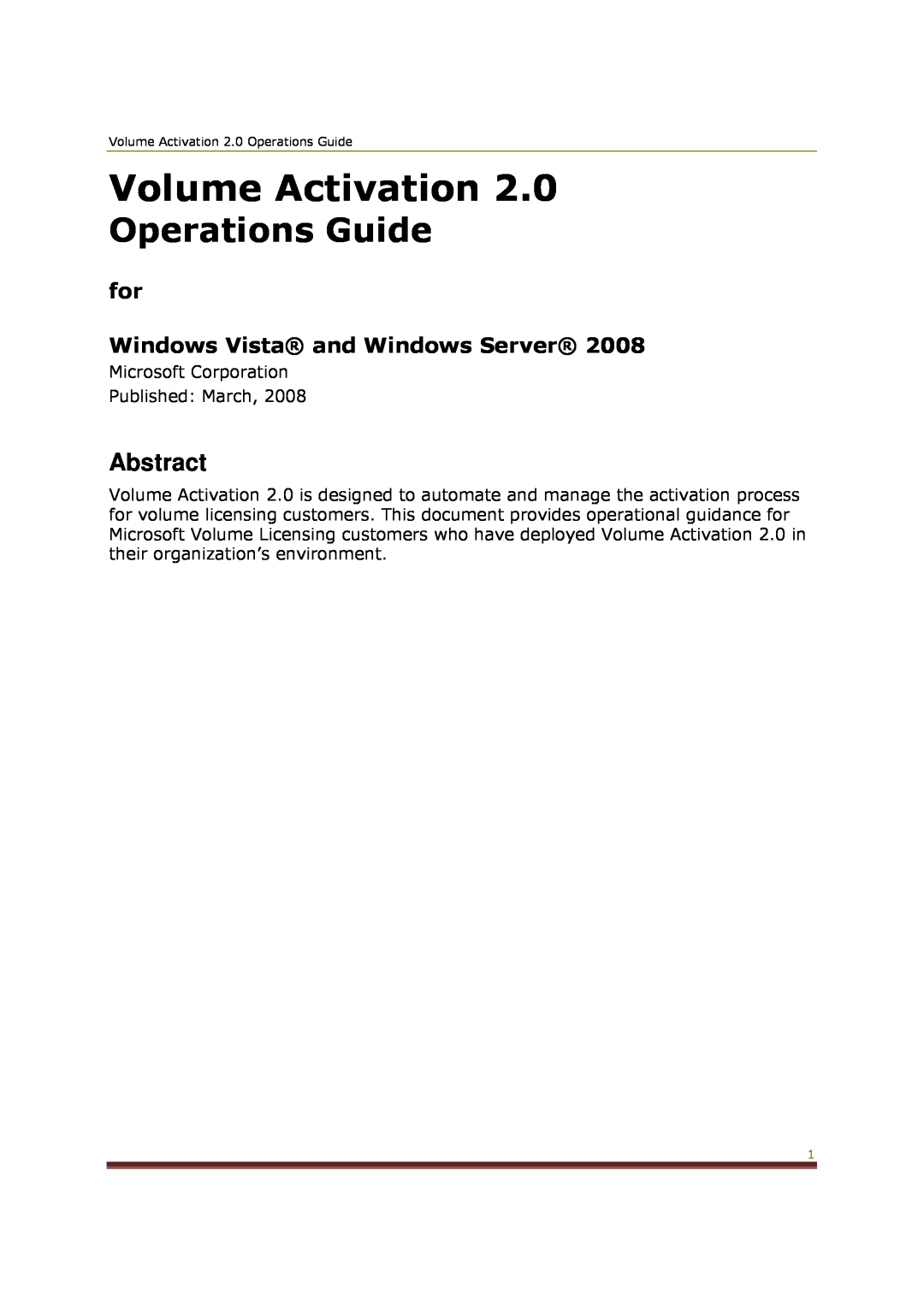 Microsoft 2 manual Abstract, for Windows Vista and Windows Server, Volume Activation, Operations Guide 