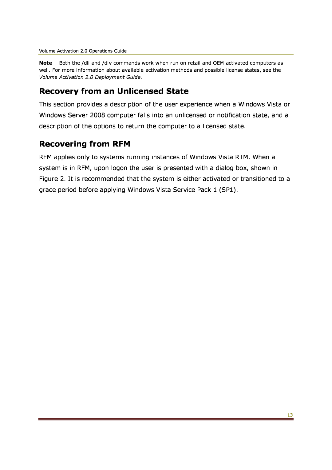 Microsoft 2 manual Recovery from an Unlicensed State, Recovering from RFM 