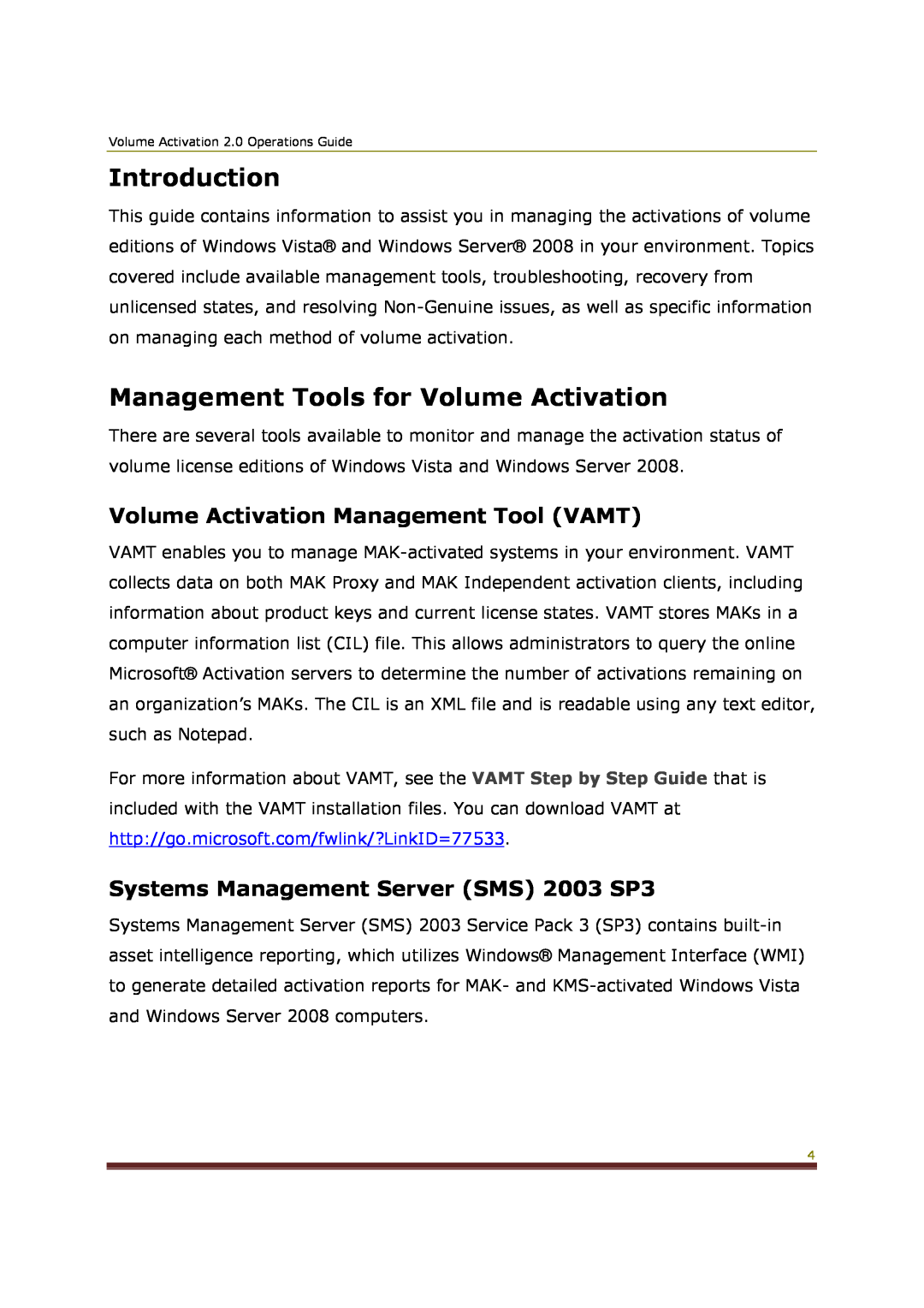 Microsoft 2 manual Introduction, Management Tools for Volume Activation, Volume Activation Management Tool VAMT 