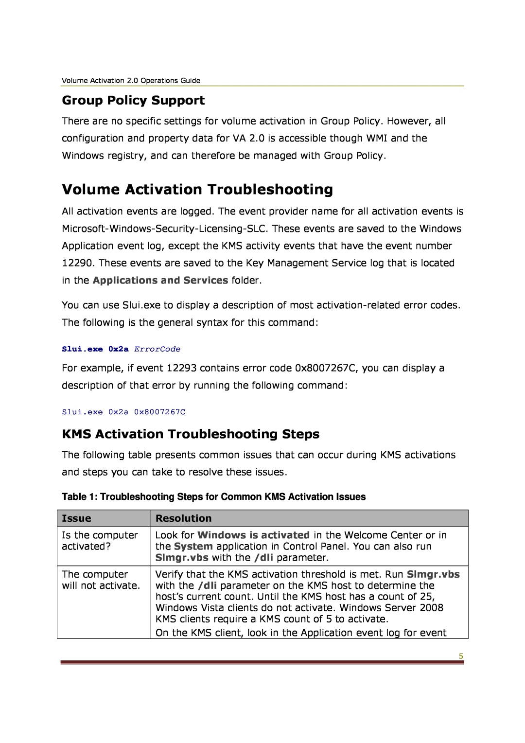 Microsoft 2 manual Volume Activation Troubleshooting, Group Policy Support, KMS Activation Troubleshooting Steps 