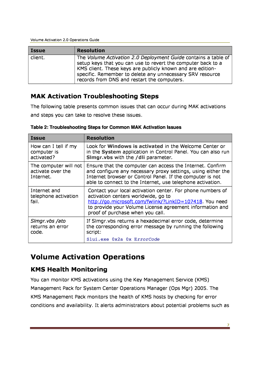 Microsoft 2 manual Volume Activation Operations, MAK Activation Troubleshooting Steps, KMS Health Monitoring 