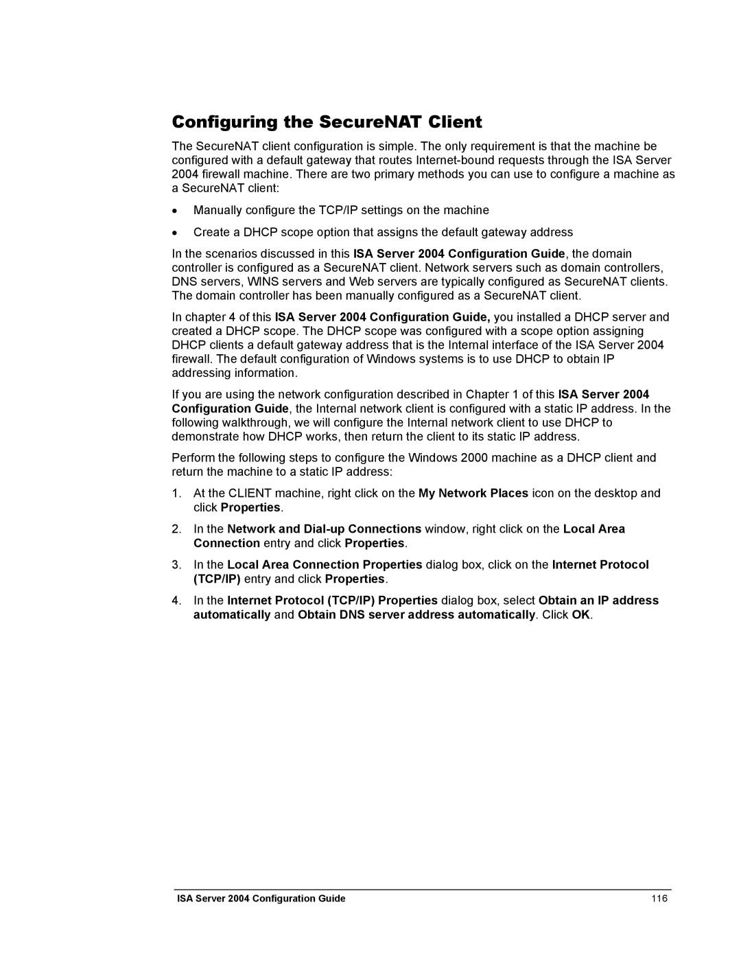 Microsoft 2004 manual Configuring the SecureNAT Client 