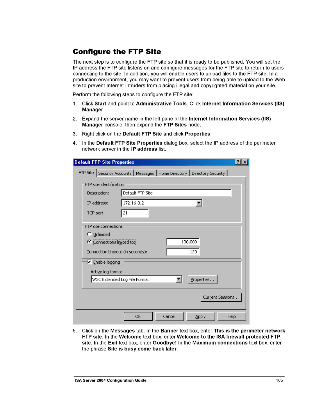 Microsoft 2004 manual Configure the FTP Site 