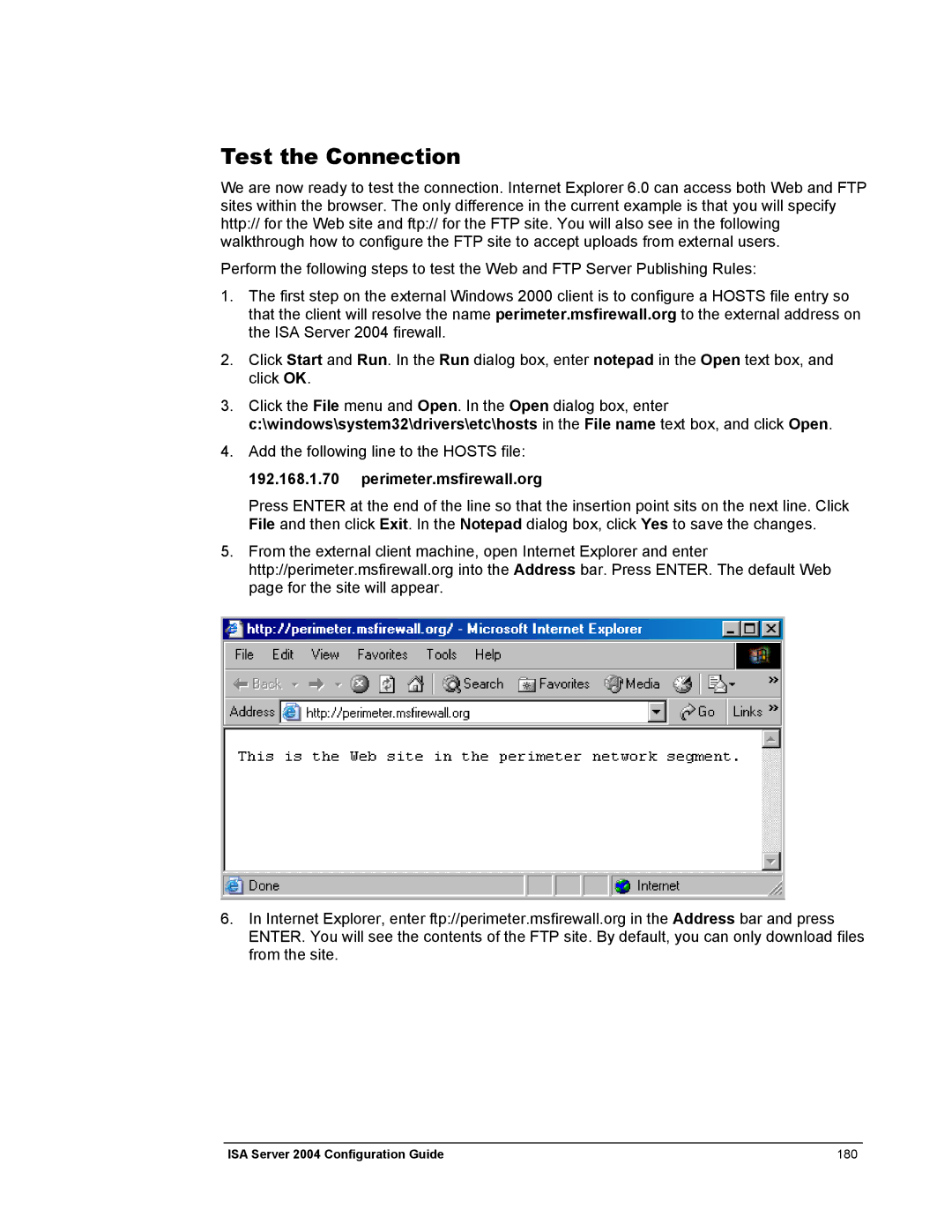 Microsoft 2004 manual Test the Connection, Perimeter.msfirewall.org 