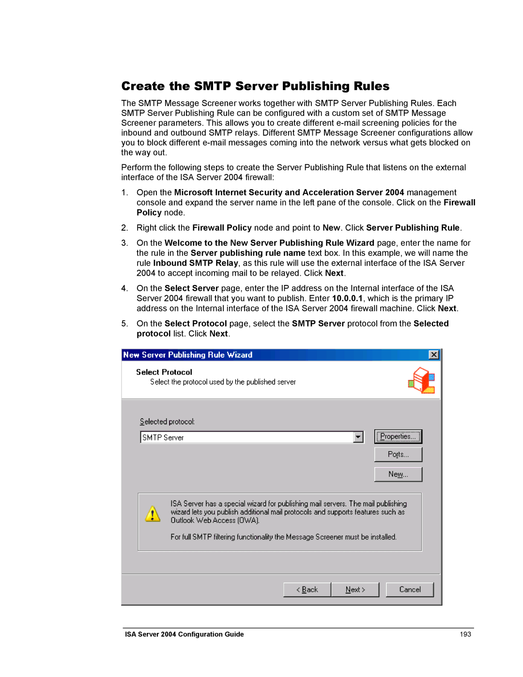 Microsoft 2004 manual Create the Smtp Server Publishing Rules 