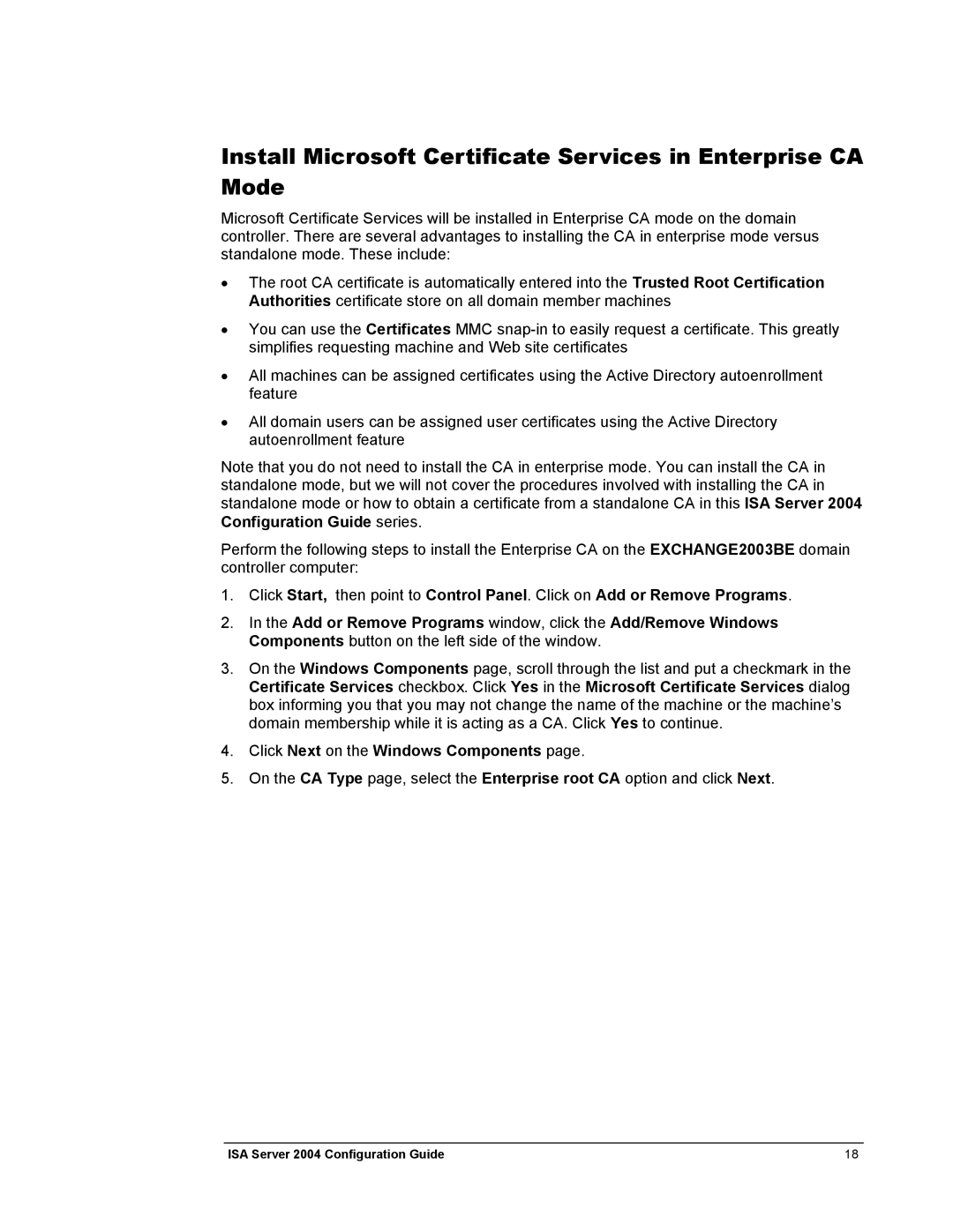 Microsoft 2004 manual Install Microsoft Certificate Services in Enterprise CA Mode 