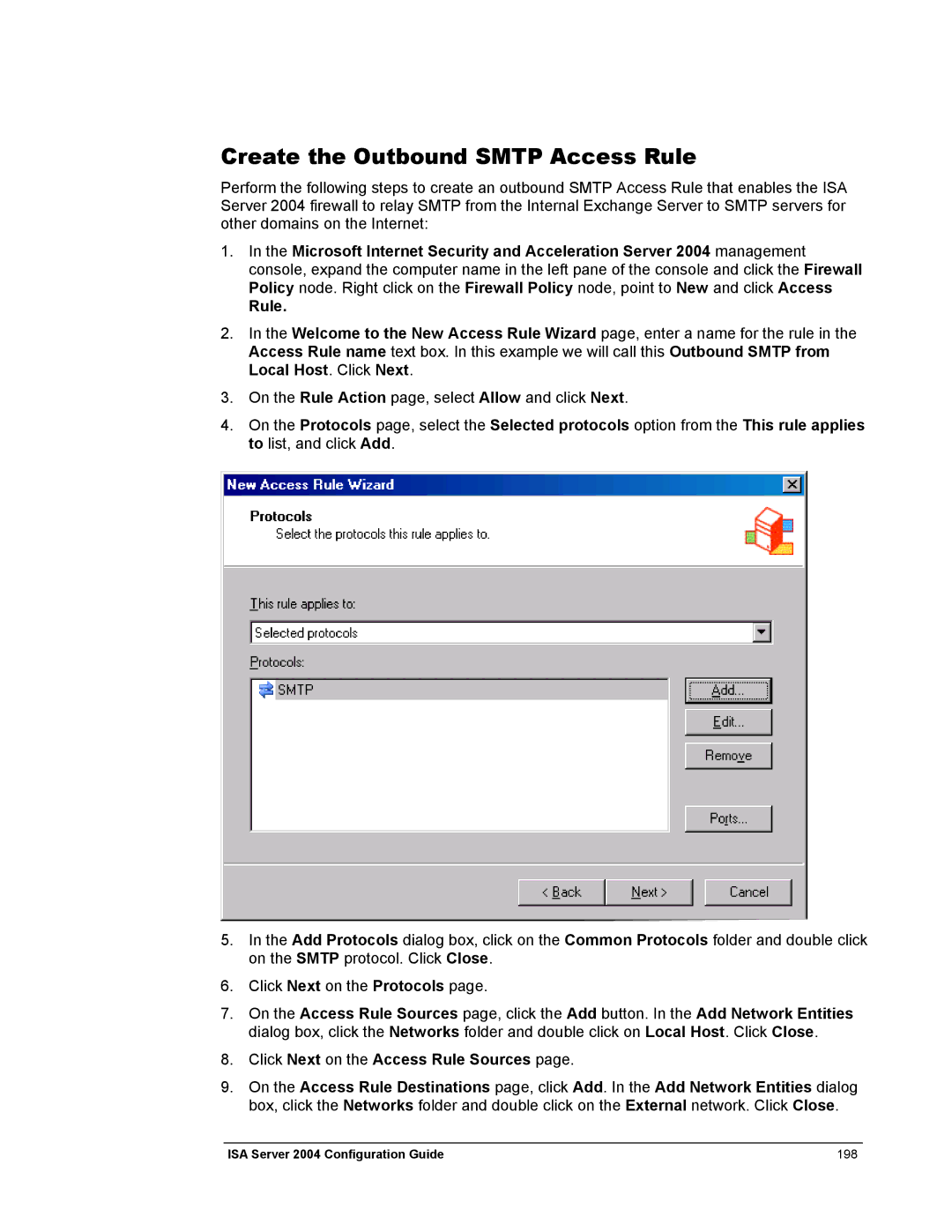 Microsoft 2004 manual Create the Outbound Smtp Access Rule 