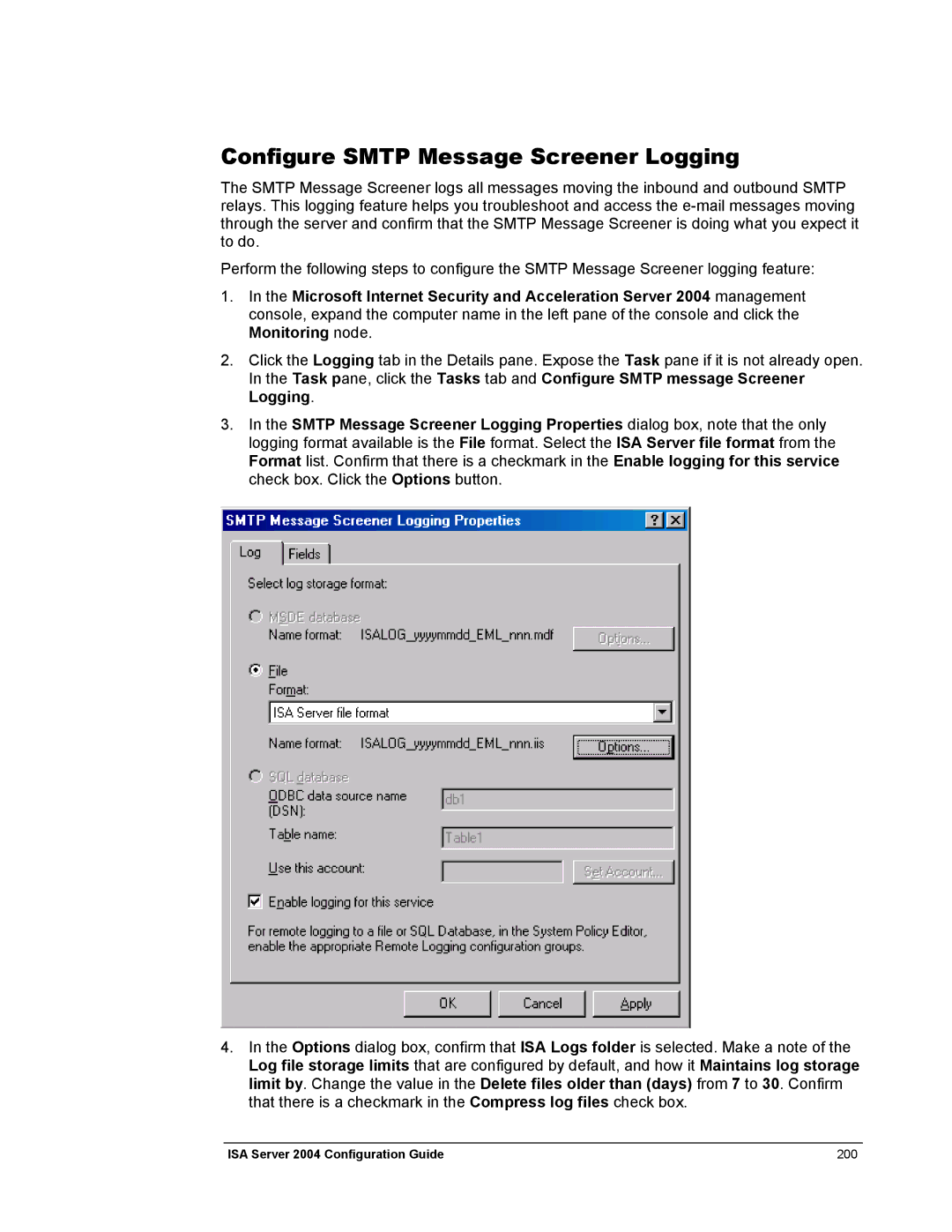 Microsoft 2004 manual Configure Smtp Message Screener Logging 