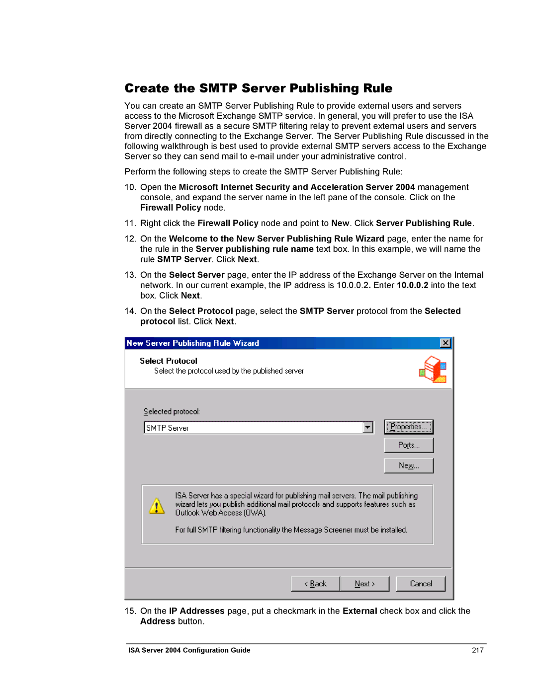 Microsoft 2004 manual Create the Smtp Server Publishing Rule 