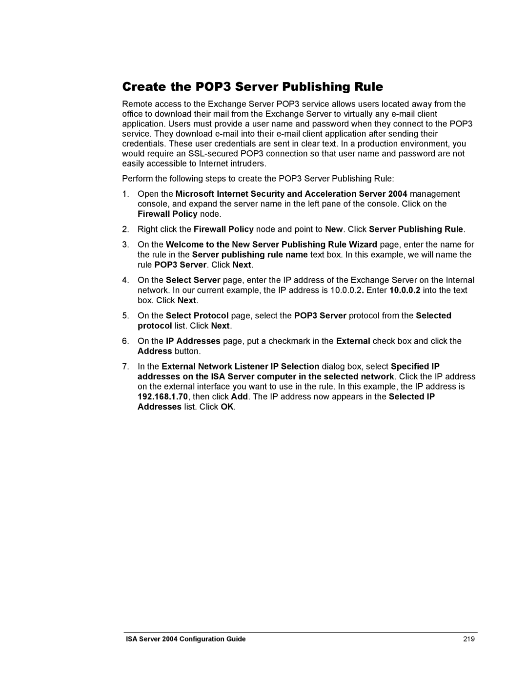 Microsoft 2004 manual Create the POP3 Server Publishing Rule 