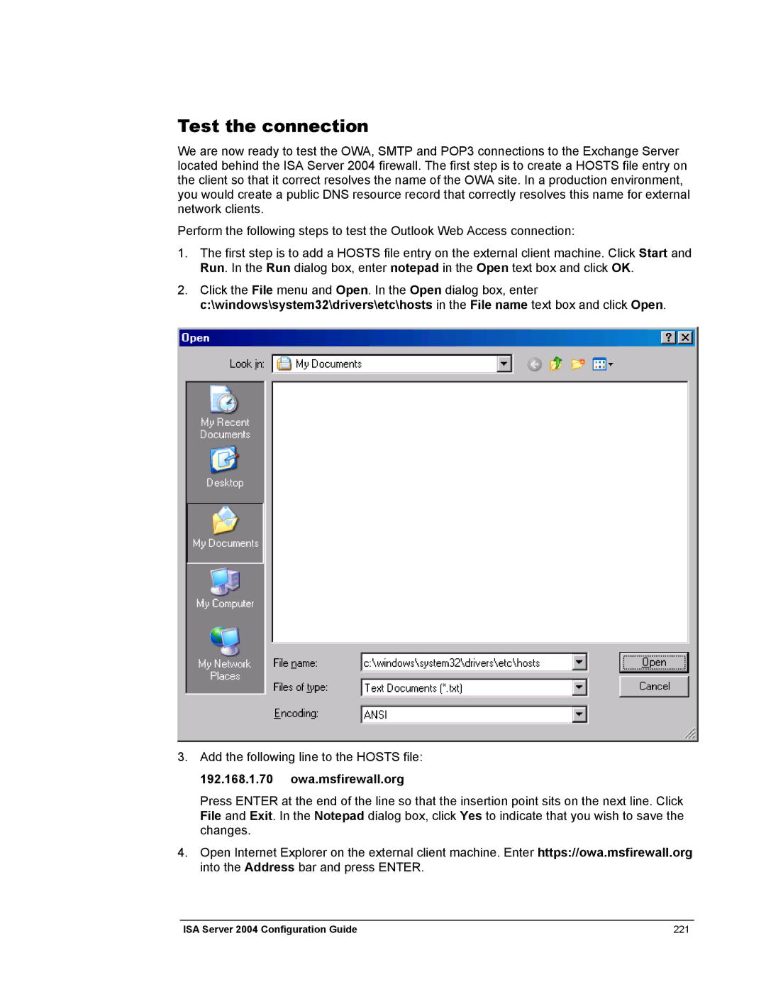 Microsoft 2004 manual Test the connection, 192.168.1.70 owa.msfirewall.org 