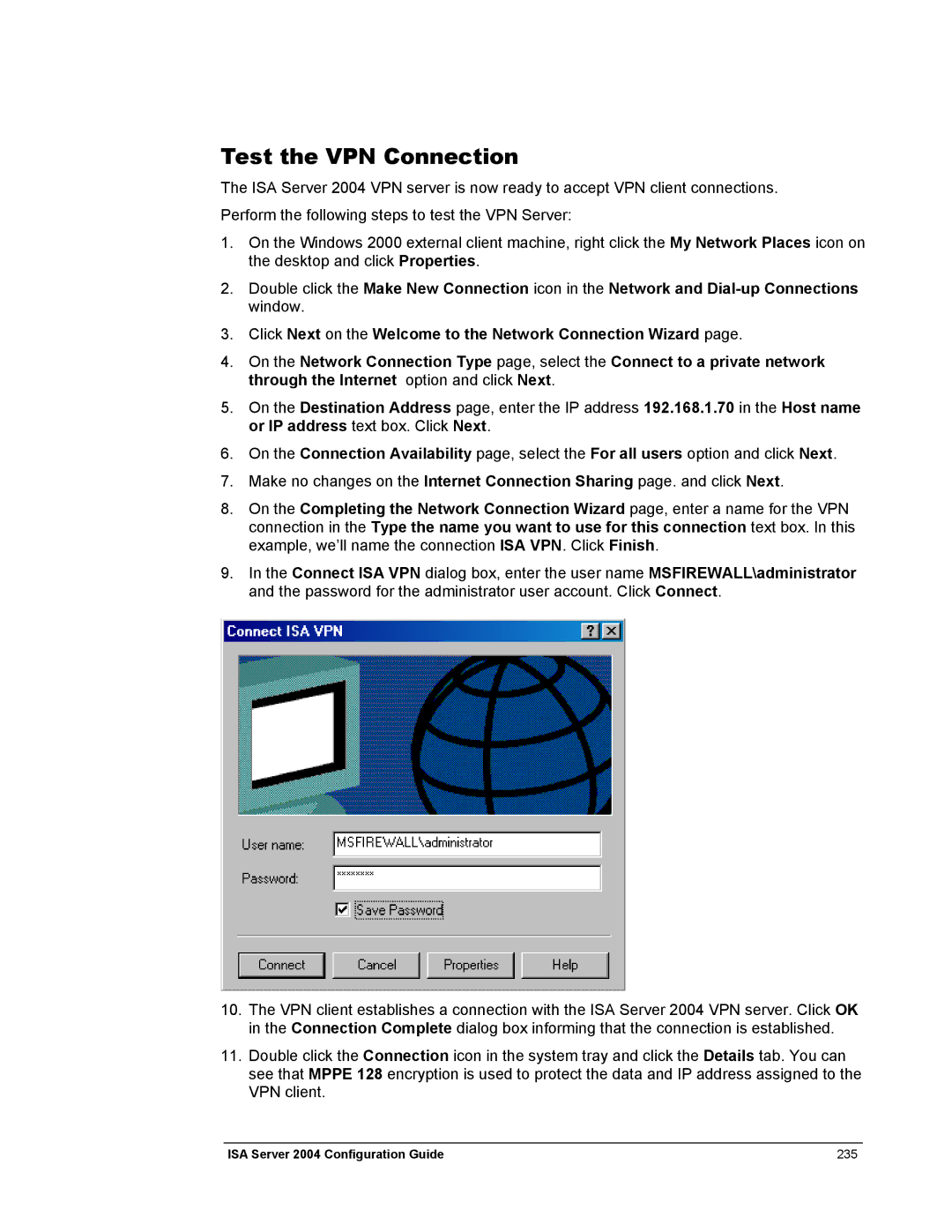 Microsoft 2004 manual Test the VPN Connection 