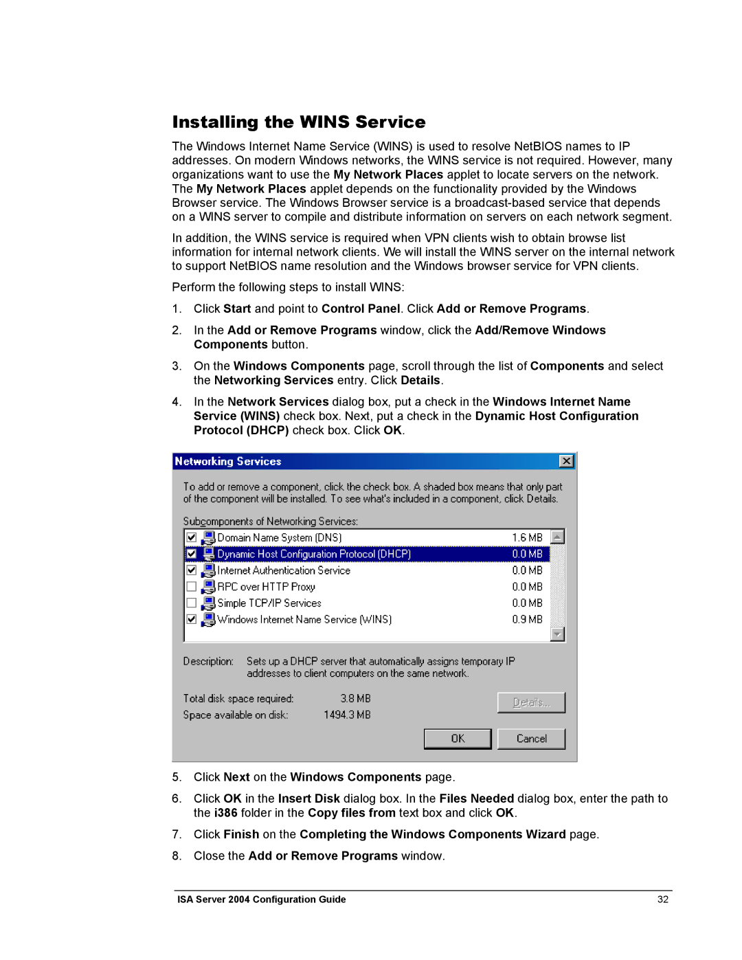 Microsoft 2004 manual Installing the Wins Service 