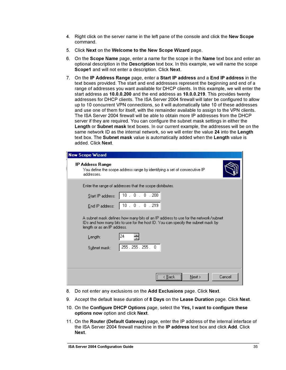 Microsoft 2004 manual Click Next on the Welcome to the New Scope Wizard 