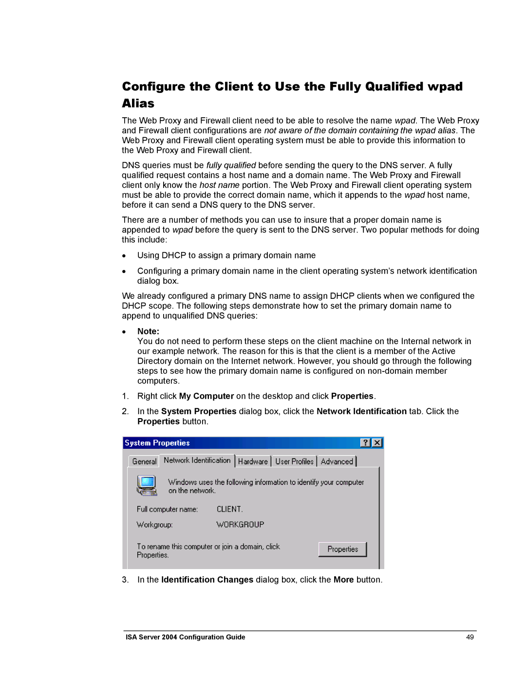 Microsoft 2004 manual Configure the Client to Use the Fully Qualified wpad Alias 