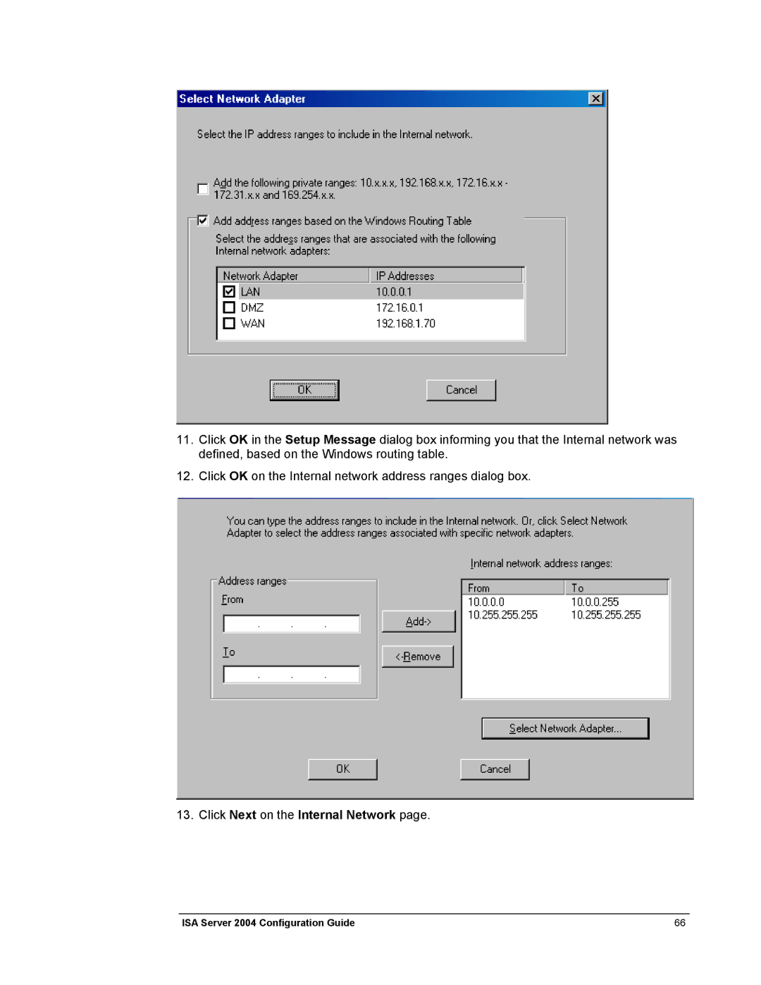 Microsoft 2004 manual Click Next on the Internal Network 