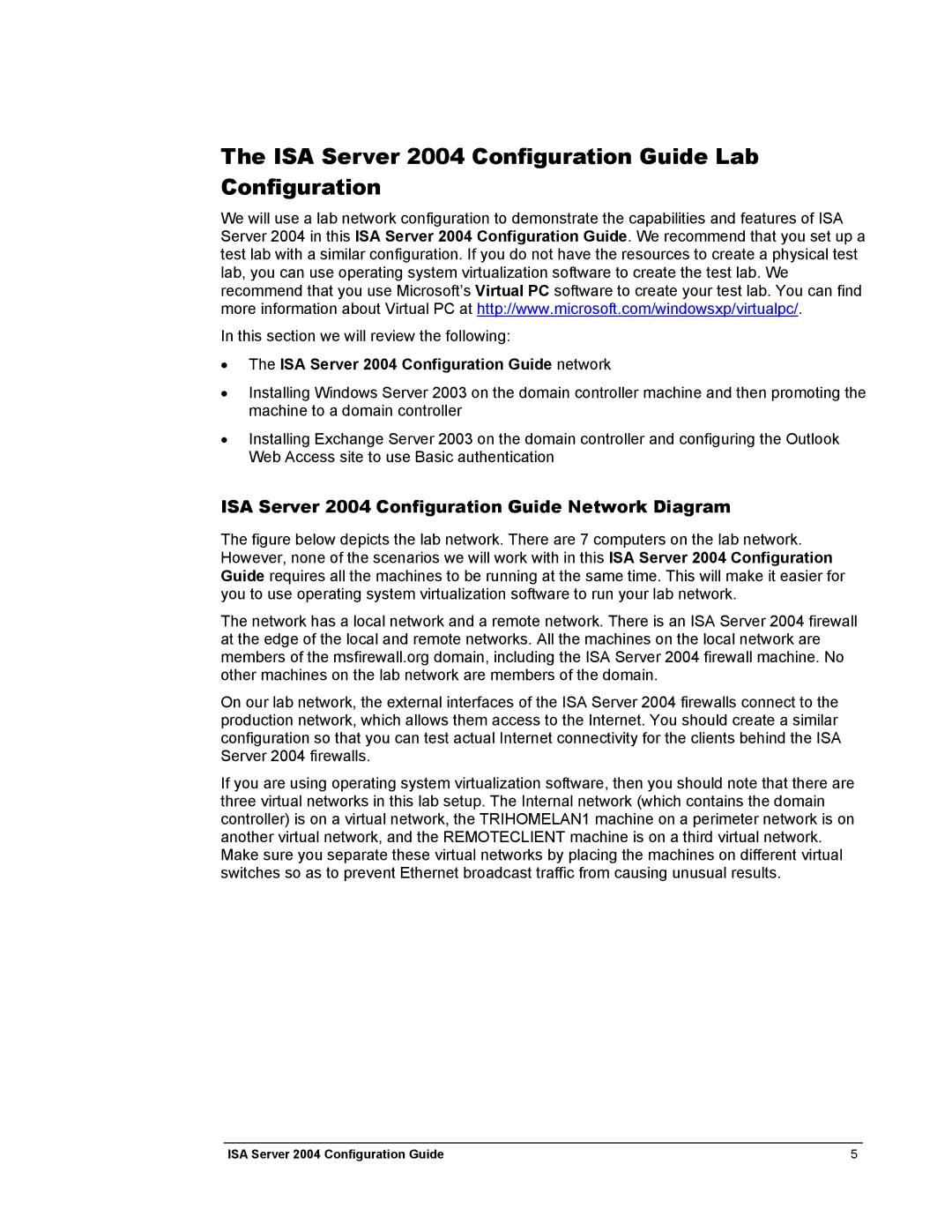 Microsoft manual ISA Server 2004 Configuration Guide Lab Configuration, ISA Server 2004 Configuration Guide network 