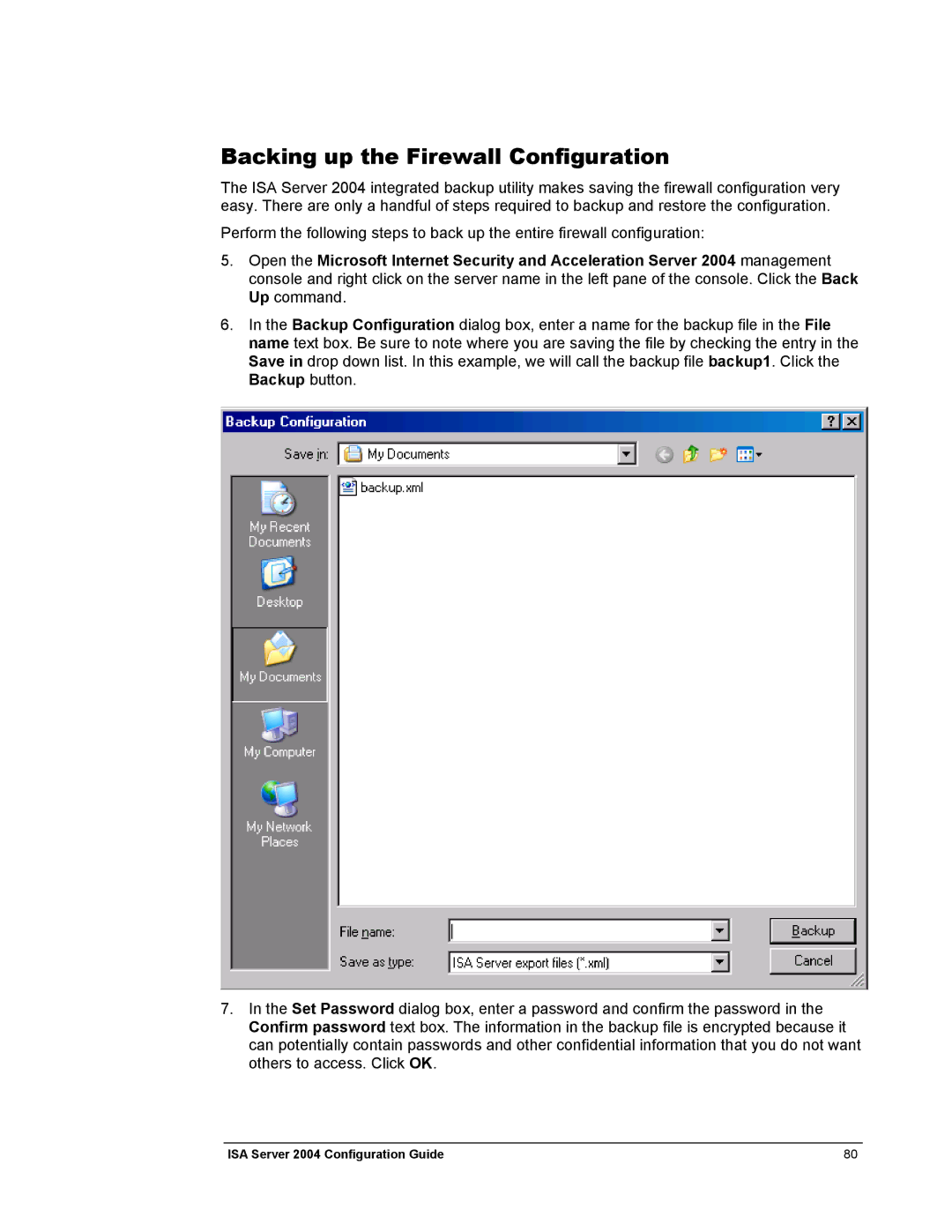 Microsoft 2004 manual Backing up the Firewall Configuration 