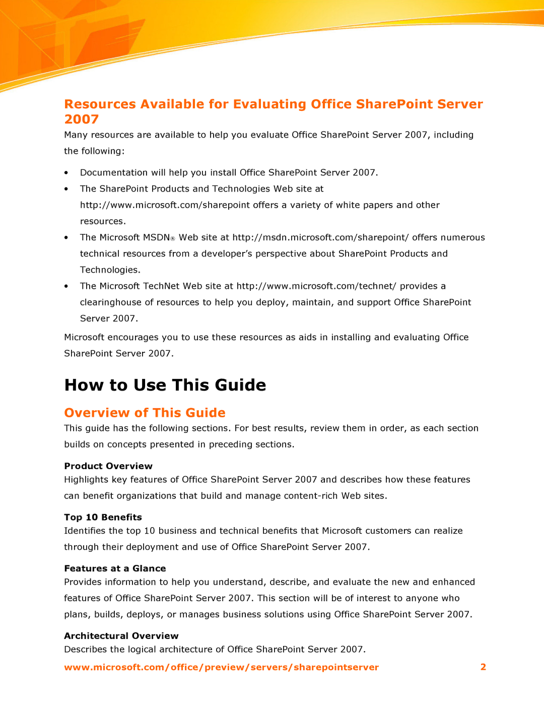 Microsoft 2007 How to Use This Guide, Resources Available for Evaluating Office SharePoint Server, Overview of This Guide 