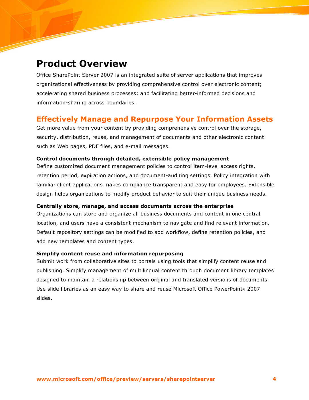Microsoft 2007 manual Product Overview, Effectively Manage and Repurpose Your Information Assets 