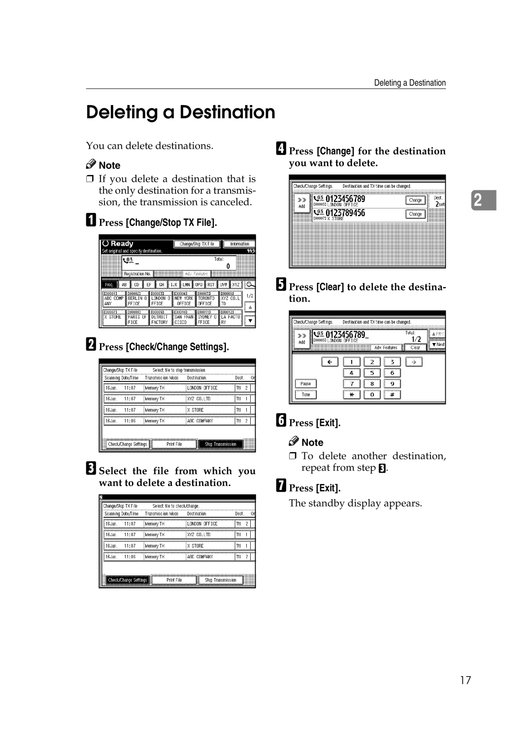 Microsoft 2045 appendix Deleting a Destination, Press Change/Stop TX File Press Check/Change Settings 