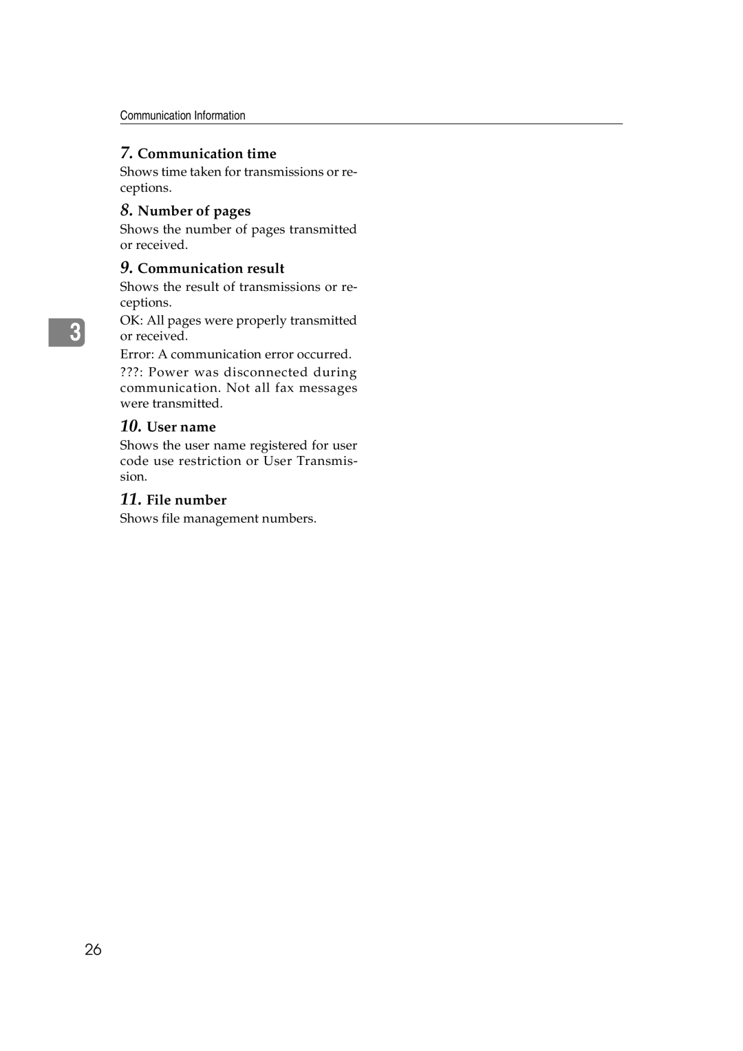 Microsoft 2045 appendix Communication time, Number of pages, Communication result, User name, File number 