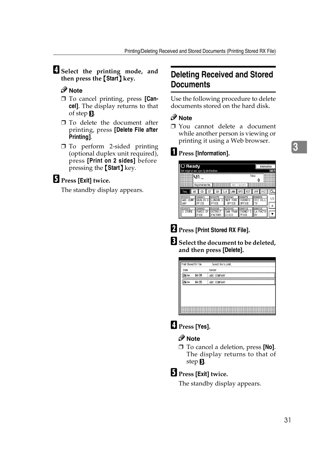 Microsoft 2045 appendix Deleting Received and Stored Documents, Select the printing mode, and then press the Start key 