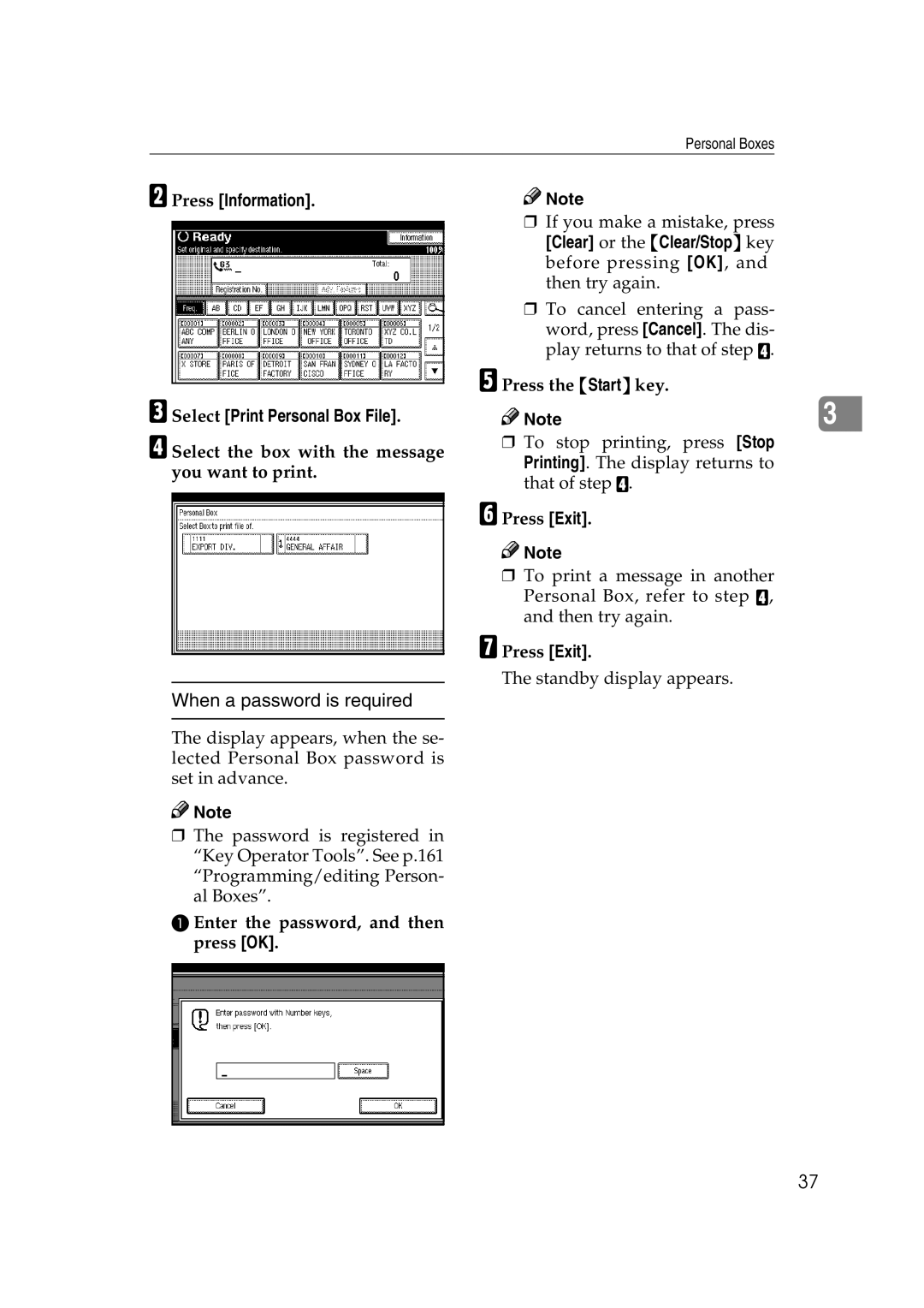 Microsoft 2045 appendix When a password is required, Press Information Select Print Personal Box File 