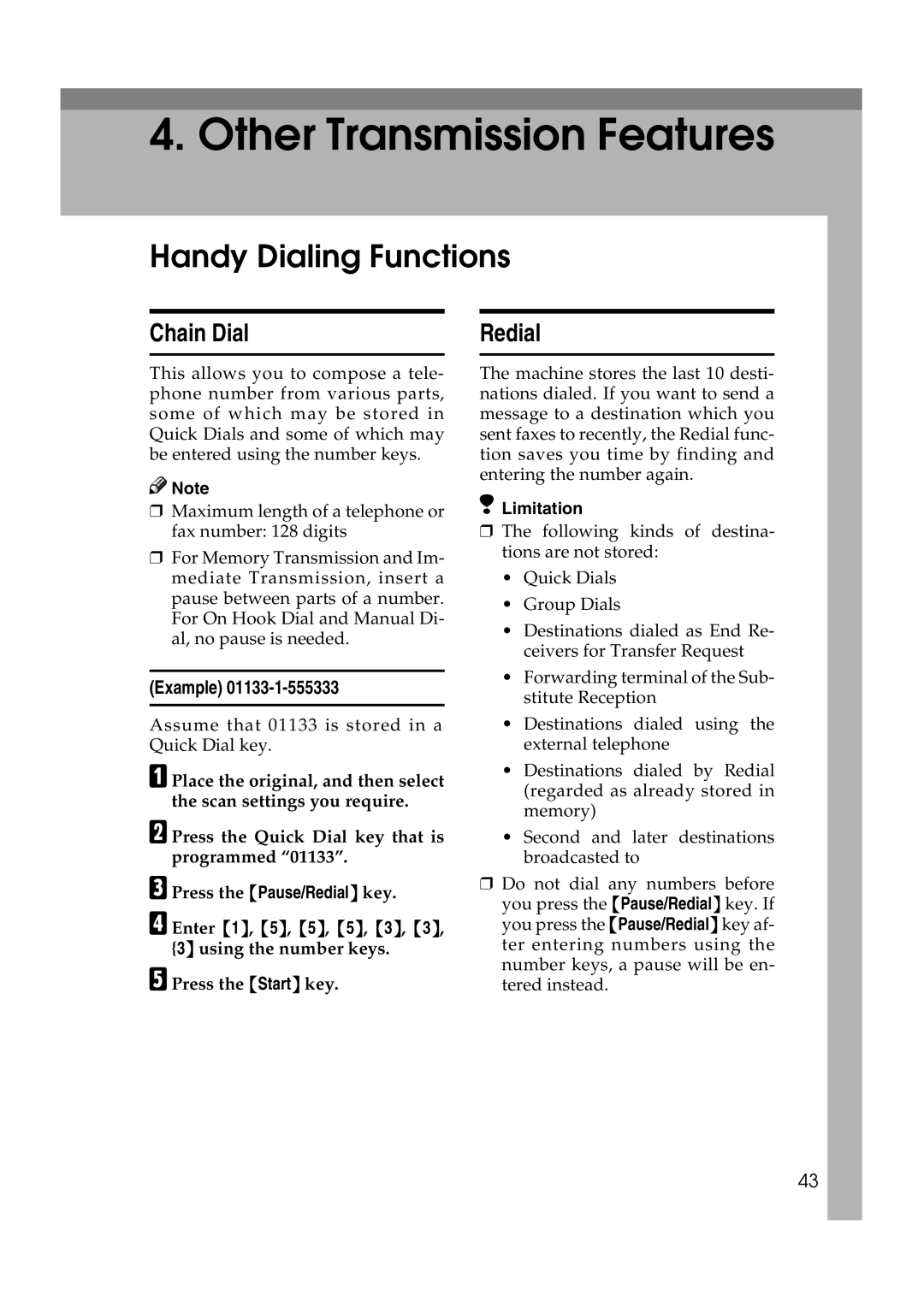 Microsoft 2045 appendix Handy Dialing Functions, Chain Dial, Redial, Example 