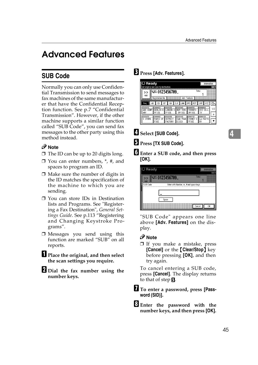 Microsoft 2045 appendix Advanced Features, Press Adv. Features Select SUB Code Press TX SUB Code 