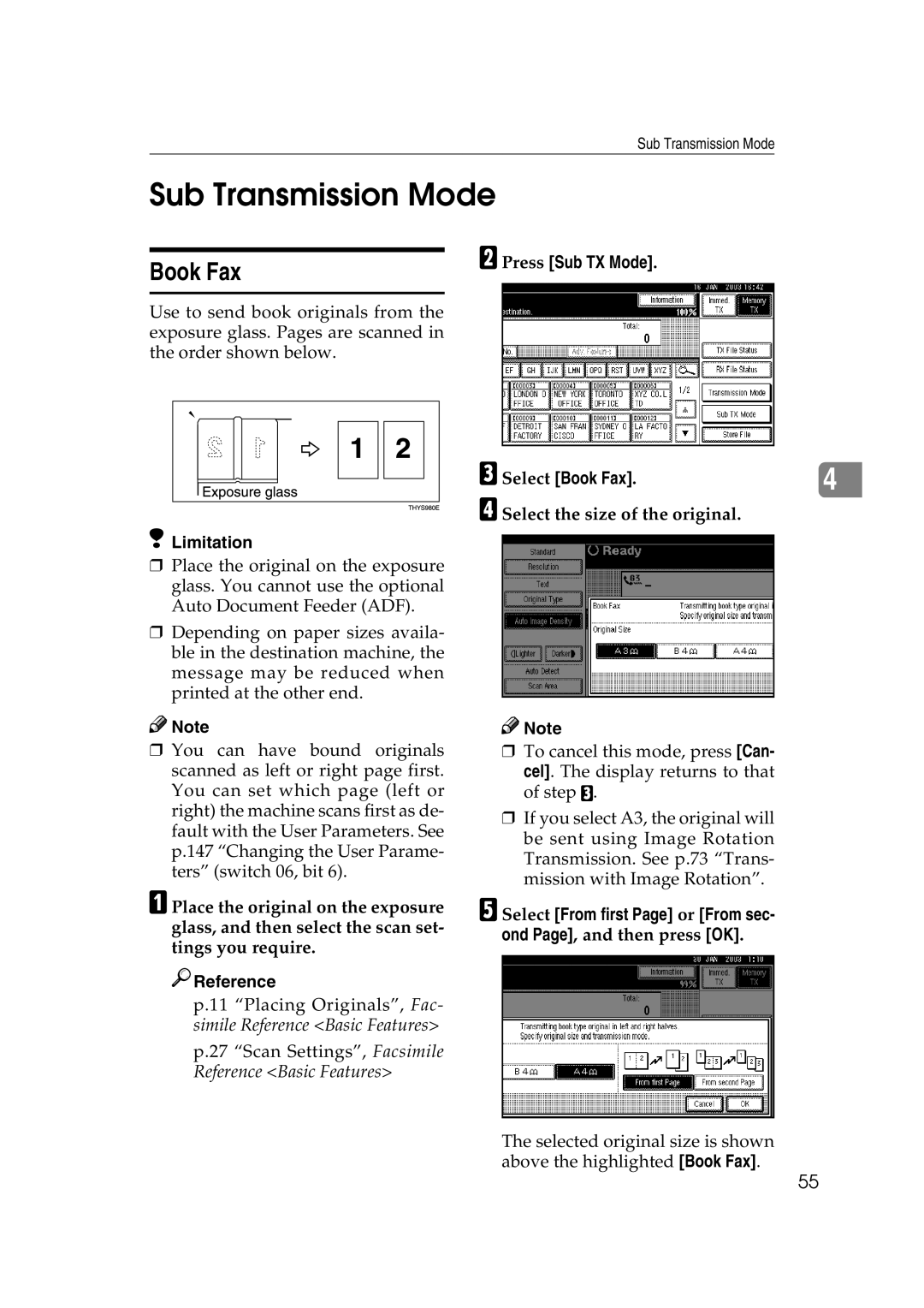 Microsoft 2045 appendix Sub Transmission Mode, Select Book Fax, Select the size of the original 