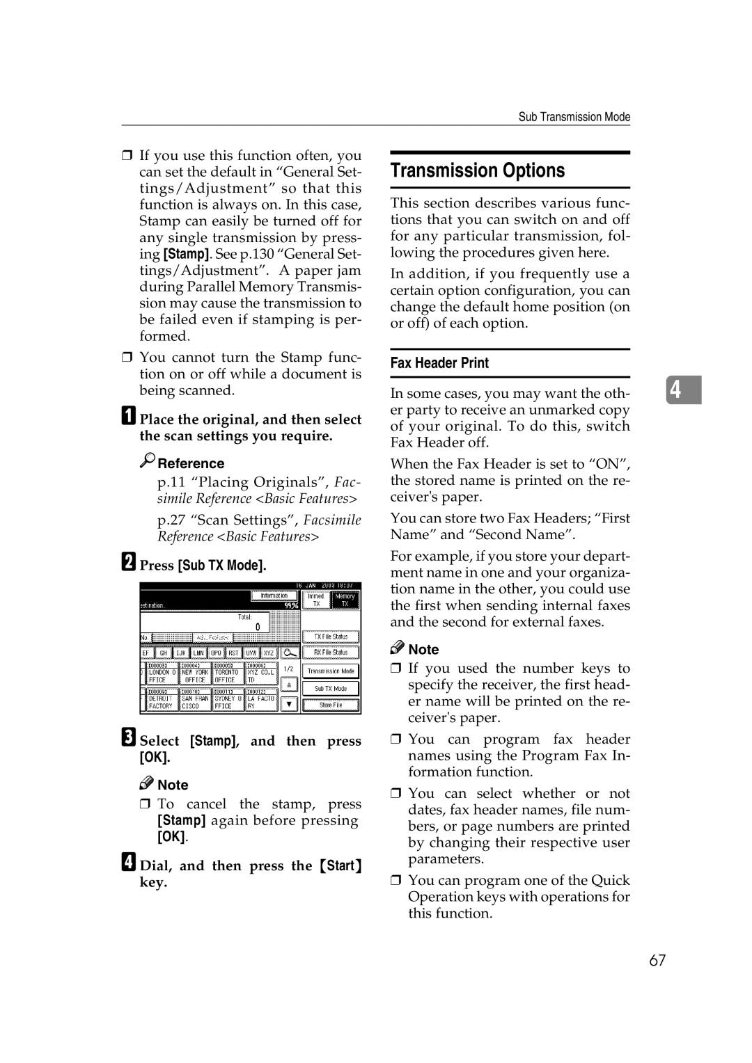 Microsoft 2045 appendix Transmission Options, Fax Header Print, Press Sub TX Mode, Select Stamp, and then press OK 