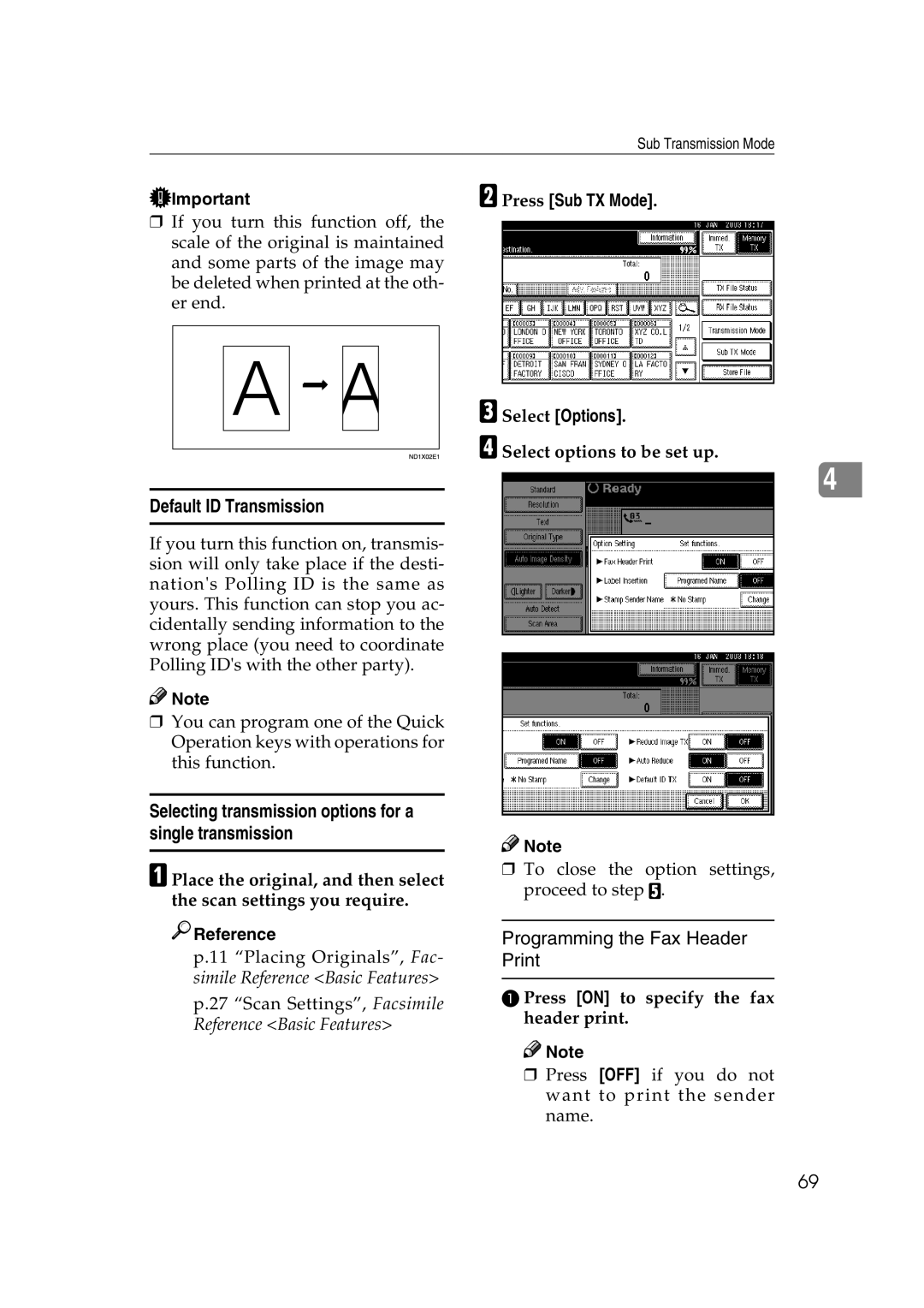 Microsoft 2045 appendix Default ID Transmission, Programming the Fax Header Print, Select Options 